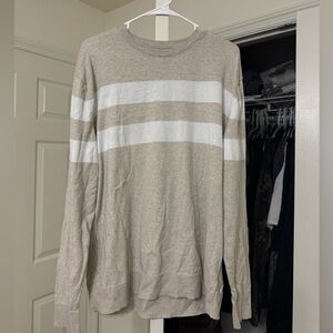 Old Navy Men's Beige Crewneck Sweater with White Stripes